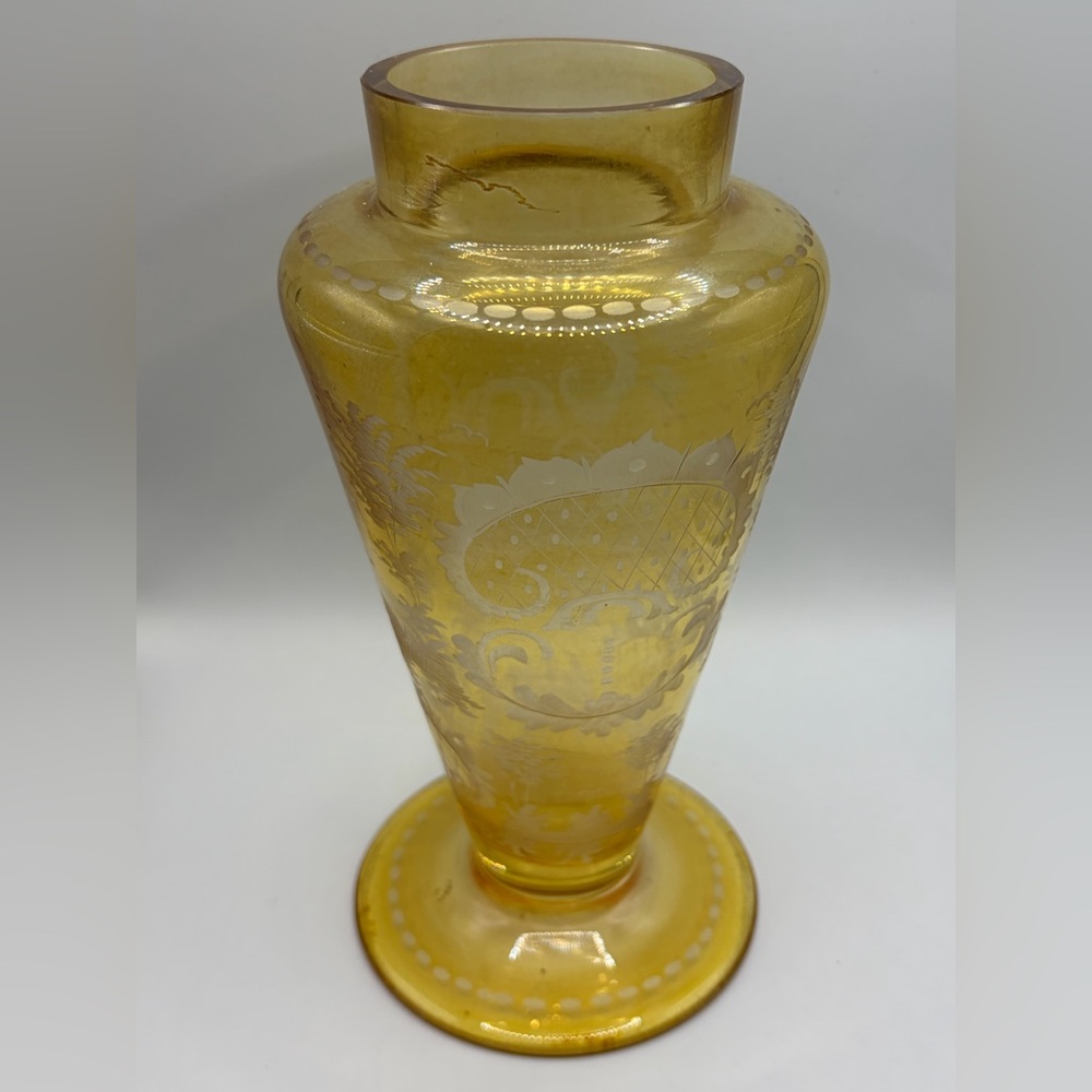Vintage Bohemian Etched Yellow Pastoral Castle Rabbit Bird Landscape Glass Vase - Picture 16 of 16